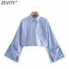 Zevity Women Fashion Pocket Patch Business Smock Blouse Femme Split Långärmad Bröst Kort Skjorta Roupas Chic Toppar LS9109 210603