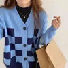 Nomikuma Korean Hit Färg Plaid Stickad Cardigan Causal V-Neck Långärmad Sweater Jacka Höst Vinter Nya Knitwear 6C937 210427