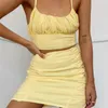 Algodón dos piezas vestido de mujer trajes correa fruncida crop top bodycon mini falda amarillo 2 conjuntos trajes para 210427