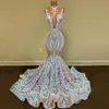 Sparkly Sequined Lace Mermaid Prom Dresses Illusion Deep V-hals Avondjurken Sweep Trein Custom Made Plus Size Formele Jurk