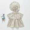 Baby Boy Girl Vertical Stripe Rompers Summer Short Sleeve Drees Fashion Infant Clothes Boys And Hat 210429