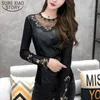 Autumn Sexy Lace Black Hollow Women Blouses and Tops Winter Warm Long Sleeve Mesh Patchwork Diamond Bottoming Shirts 7843 50 210510