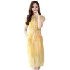 Vestido de Verão Mulheres Stripe Amarelo S-2XL Plus Tamanho Camisa Es Coreano Escritório Elegante Arco Slim Manga Curta LR213 210531