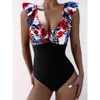 Sexy Ruffle Swimsuit Mulheres Folha Print Swimwear Feminino Deep V Banhos De Banho De Verão Vista de Verão Monokini Bather 210521