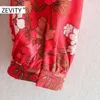 Zevity Women Fashion Flower Print Red Slowdress Panie Biurowe Długie Rękaw Krawat Linia Vestido Chic Marka Mini Sukienki DS4529 210603