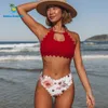 BeachSissi Stringy Selvedge Yüksek Bel Çiçek Baskı Bikini Set Kadın Çiçek Mayo Bating Suit Düğüm Ön Beachwear 210722
