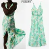 Robe d'été pour femmes, imprimé floral vert, longue, élégante, col en V, sans manches, sangle midi, sexy, fête, es 210519