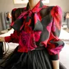 Korea Women Fashion Bowknot Chiffon Blouse Long-sleeved Rose Printed Blouses OL Work Wear Casual Shirt Blusas 210519