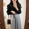 Plus Size Harajuku Long Skirt grey Plaid Women Blouse suits Girl Pleated vintage Sell separately 210423