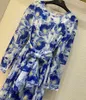 runway designer maxi dress blue flower printed sashes chiffon O-neck long sleeve party casual dresses for women 2XL 210421