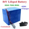 GTK power 84V 60Ah 70Ah 80Ah batería de litio lifepo4 con 80A BMS para paneles solares de autocaravana de 6700w 5000w + cargador 10A