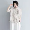 Lato Kobiety Bluzka Koszule Plus Rozmiar Paisley Drukuj Bawełniana Pościel Vintage Topy Luźne Dorywczo Femme Duża Odzież A9304 210512