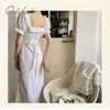 Zomer elegante vrouwen partij korte mouw ruche witte kant vintage slanke midi jurk 210415
