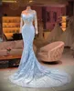 2022 Light Blue Mermaid Evening Dress Long Sleeves Lace Prom Dresses Women Formal Wear Sequined vestido de novia320p