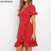 Boho Ruffles Wrap Summer Dress Sexy scollo a V manica corta stampa floreale A Line Self Tie Mini abiti rossi per le donne Vestidos 210623