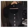 New fashion design women's retro turn down collar puff short sleeve knitted hollow out shirt tees single bereatsed solid color top