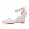 Spring Pointed Toe Wedge High Heel Lace Sandals Tassel Pearl Party Dress Women Large Size Bride Bridesmaid Wedding Shoes