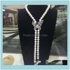 Chains Necklaces & Pendants Jewelrychains Hand Knotted Natural 8-9Mm White Freshwater Pearl Long Sweater Chain Butterfly Micro Inlay Zircon