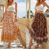 Skirts Women Long Vintage Flower Print Lace Up Pleated Knitted Bohemian Beach Holiday Chic Female Skirt Year 2022