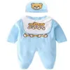 Nyfödd designer söta babykläder Set Infant Baby Boys Printing Bear Romper Baby Girl Jumpsuit +Bibbs +Cap Outfits S 277