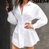 Vrouwen jurk lange mouw single breasted shirt es geplooide hoge taille wit sexy mini es lente zomer 210524