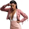 Damesjassen Groothandel - Roze Faux Suede Jacket 2022 Lente Vrouwen Korte Motorfiets Biker Lady Mode Bomber Slanke Jas Bovenkleding Tassel 20