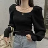 Vintage Sweater Square Collar Solid Winter Puff Sleeve Top Pullover for Women Slim Korean Fashion Clothing Sexy Knitted 211011