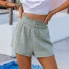 Causal high waist button woman Summer green elastic ladies Elegant holiday beach shorts fashion 210414