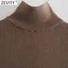 Zevity Womenファッションタートルネック襟のソリッドハイスプリットニットスリムMIDIドレス女性シックな長袖パーティーVestidos DS9037 G1214