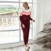 Women Fashion Knitted Set Long Sleeve Color Block Top Casual Bandage High Waist Pants Autumn Winter Sweater Suit Home Clothes 211116