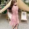 French Style Square Collar Floral Dress Women Pleated Bubble Sleeve Short High Waist Mini Beach 14108 210508