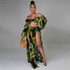 S-5XL Plus Size Leaves Print 3 Piece Bikini Set Summer Outfit Women Off Shoulder Lantern Sleeve Crop Top+underpant+split Skirts 211116