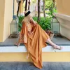 おそらくU女性オレンジVネックボヘミアの花の刺繍フレア長袖サッシービーチホリデイMidi Dress Spring Summer D2421 210529