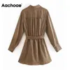 Aachoee Lady elegante cópia geométrica camisa vestido de manga comprida desgaste desgaste bandage vestido plissado sundress chique robe femme 210413