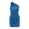 Sexy um ombro mini vestidos mulheres verão azul laranja laranja vestido de festa suavemente sem mangas pacote quadril ruched bodycon vestido senhora 210507