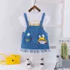 赤ちゃんのスーツの夏の子供の服を着た女の子かわいい服プリントトップ+デニムサスペンダースカート幼児スーツ210508