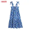 Summer Fashion Women Blue Flowers Print Sundress Sleeveless Backless Female Casual Long Dress CE237 210416