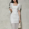 High Quality Elegant Lace Short Sleeve Square Neck Slim Dress Women Bodycon Formal Party Pencil 210603