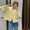 VUWWYV Yellow Patchwork Cable Knitted Cardigan Sweater Women Oversized Cropped Sweaters Woman Long Sleeve Casual Tops 210430