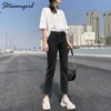 Streamgirl Hoge taille S zwarte Jean zomer herfst elastische rechte denim broek voor 210809