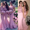 Blush Pink Mermaid Bridesmaid Dresses Halter Beaded Floor Length 2021 Newest African Plus Size Maid of Honor Gown Wedding Guest