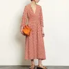 Mode oranje print midi jurk vrouwen slanke elastische taille party vrouw zomerjurken lange mouw boog dames vestidos 210430