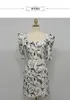 Summer Korean Puff Sleeve Office OL Mini Dress Fashion Women Printing Bodycon Slim Sheath Work Square Collar 210506