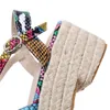 Снаковая кожа платформы сандалии женщин соломенная веревка 2021 Летние клинья Peep Toe Beach Party обувь