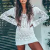 FSDA 2021 Yaz Plaj Elbise Uzun Kollu Mini Kadınlar Beyaz Oymak Beyaz O Boyun Seksi Tatil Boho Parti Haki Günlük Elbiseler Bodycon Y0603