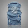 Gilets pour hommes mode effiloché bleu veste en jean décontractée Style coréen tendance trou manteaux clairs et foncés Guin22