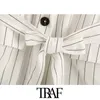 TRAF femmes mode simple bouton rayé avec ceinture Blazers manteau Vintage manches courtes poches vêtements de dessus pour femmes Chic hauts 210415