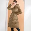 Witte eendendonsjas voor dames, lange mouwen, vetersluiting, dikke winterparka's, oversized overjas, warme bovenkleding