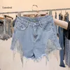 Femmes Summer Denim Shorts Biker Heavy Diamond Perle Insert Perceuse Taille Haute Slim Trous Jeans Lady Femme