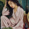 JULY'S SONG Woman Pajamas Set Sexy Lace Satin Silk 2 Pieces Spring Summer Sleepwear Women Long Sleeves V-neck Elegant Homewear 211112